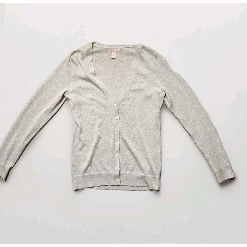 Banana Republic Silk Blend Cardigan Silver Sparkle Button V Neck Womens S EUC